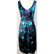 Tahari Satin Sheath Dress Green Purple Black Classic Formal Sleeveless Retro