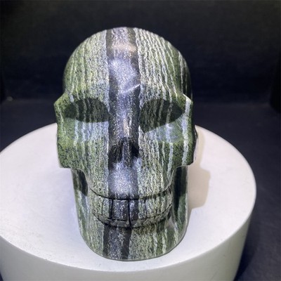 2LB 4.2''Natural Green Zebra Jasper Skull Statue Crystal Reiki Carving Decor
