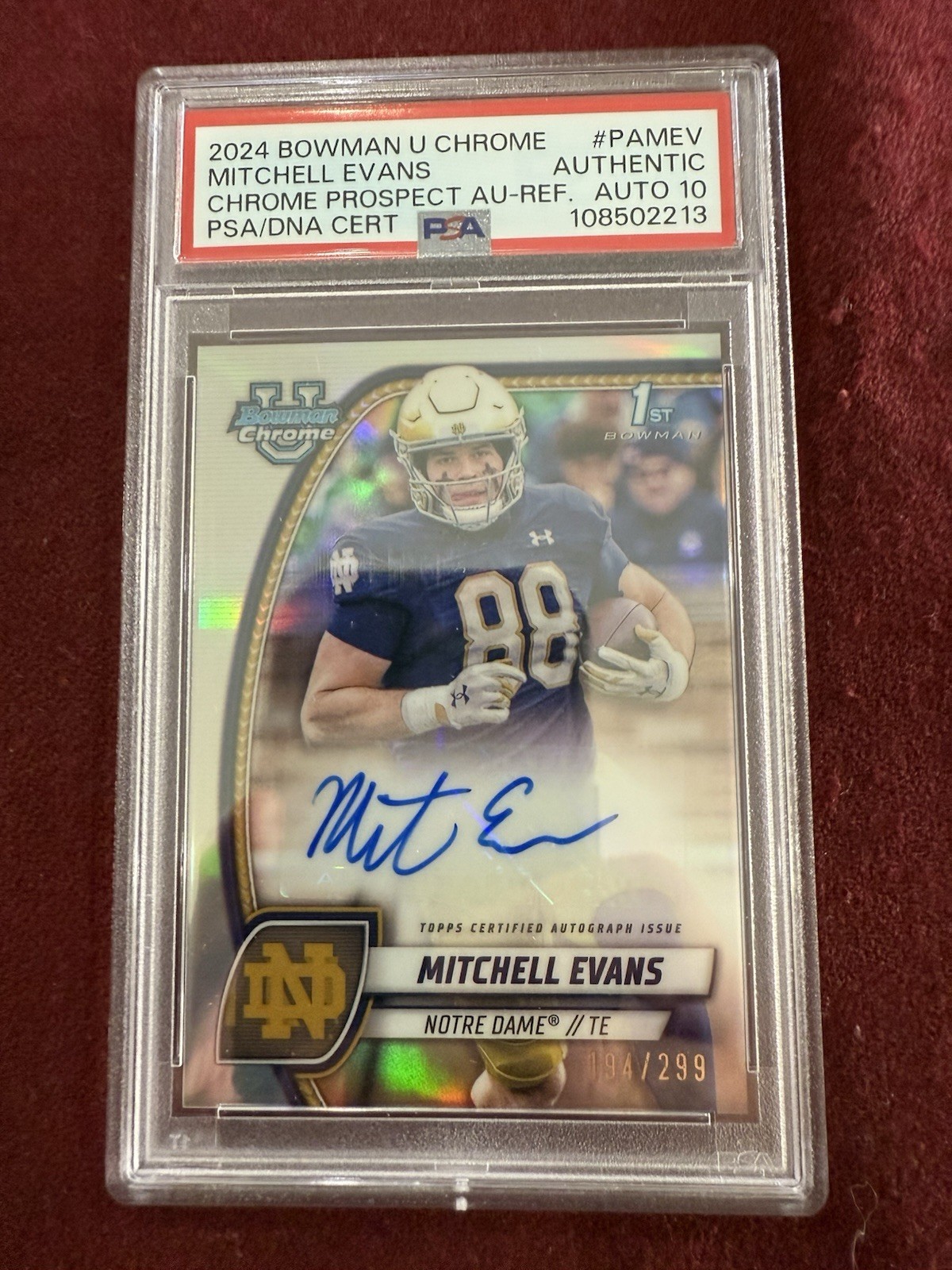 Mitchell Evans 2024 Bowman Chrome U 1st Refractor Rookie 194/299 PSA 10 Auto
