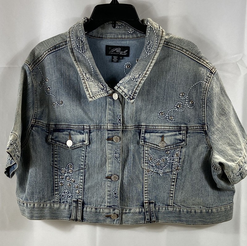 Y2K Platinum Plush Women's Embellished Jean Jacket Short Sleeve NWT Sz 3X