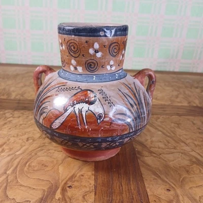 VTG 6" Tonala Tlaquepaque Mexico Painted Folk Art Vase Rabbit Deer Double Handle - Image 1 of 4