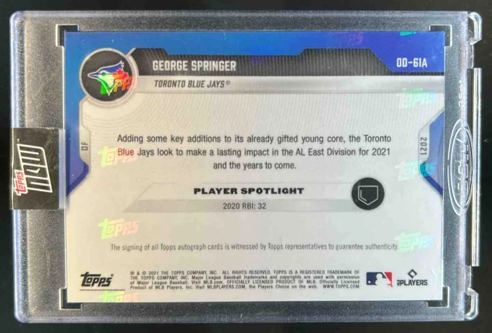 2021 Topps Now Opening Day George Springer Autograph Auto #78/99 Blue Jays - Image 2 of 2