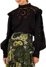 NWT FARM RIO TOP BLOUSE  BLACK SHIRT SIZE L  LACE LON SLEVED CROCHET