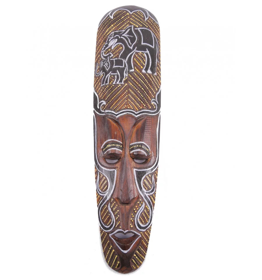 Masque africain en bois 50cm motif éléphants déco murale ethnique sculpture artisanale