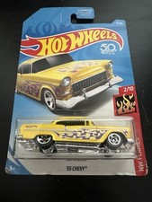 NEW 2018 HOT WHEELS /MATTEL YELLOW '55 CHEVY W/ PURPLE FLAMES