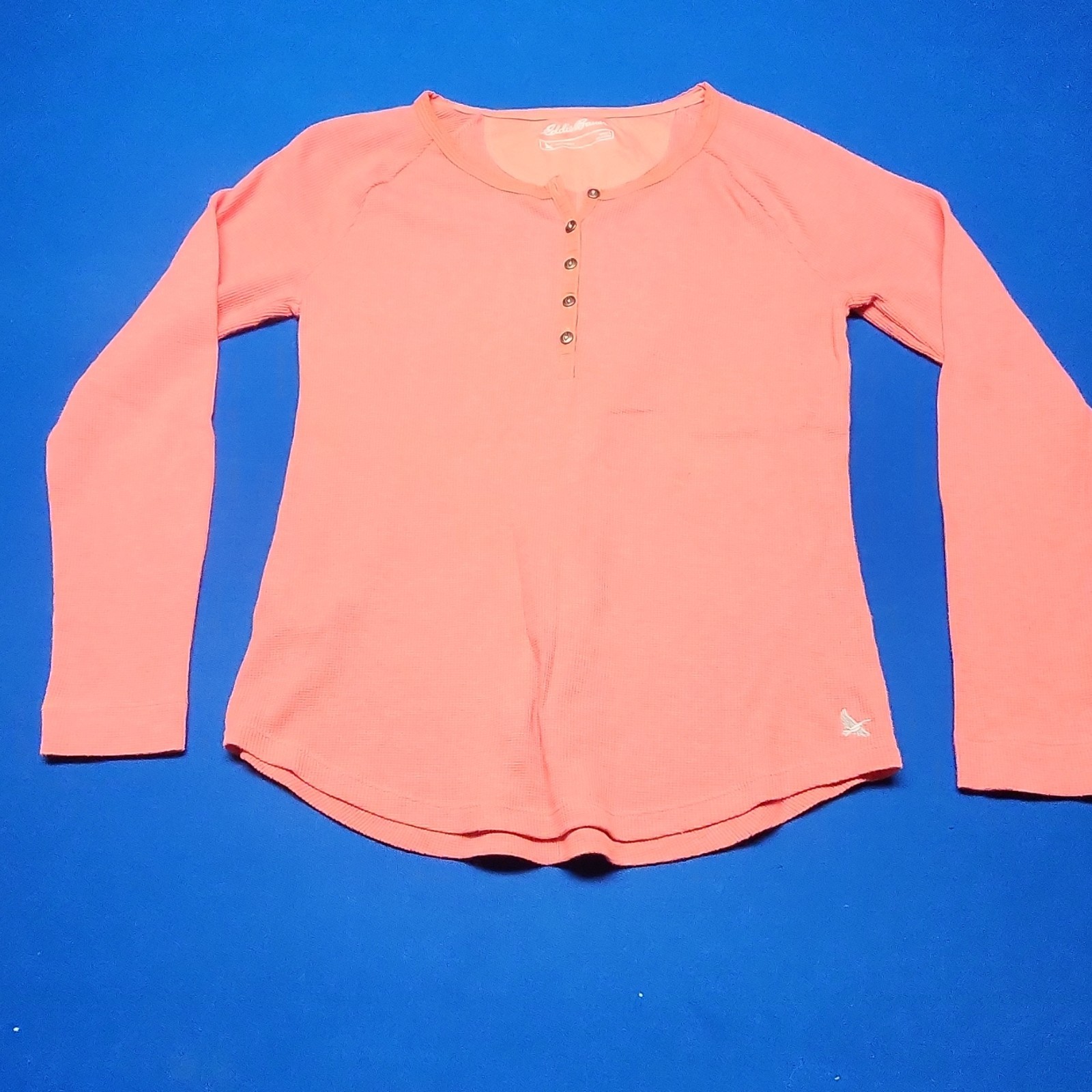 Eddie Bauer Henley Knit Top Coral Button Embroidered Long Sleeve Women's Size L