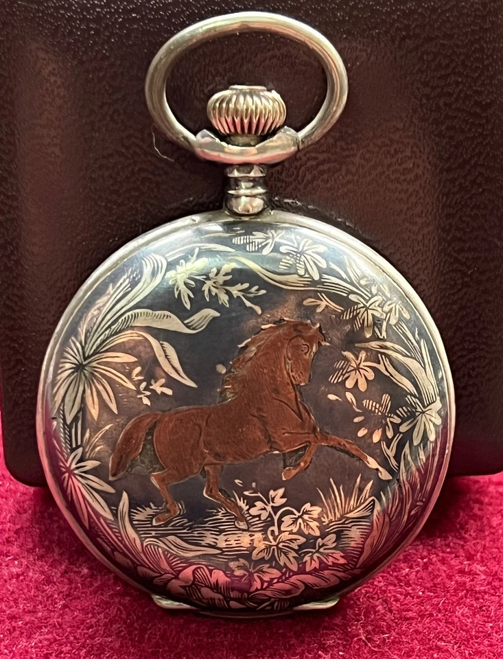 19th Remontoir Cylindre 10 Rubis Silver Niello Double Hunter Pocket Watch Horse - Image 2 of 4