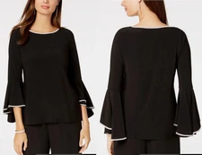 NWOT Msk Rhinestone-Trim Bell-Sleeve & NECK SHIRT Top, SZ L  black