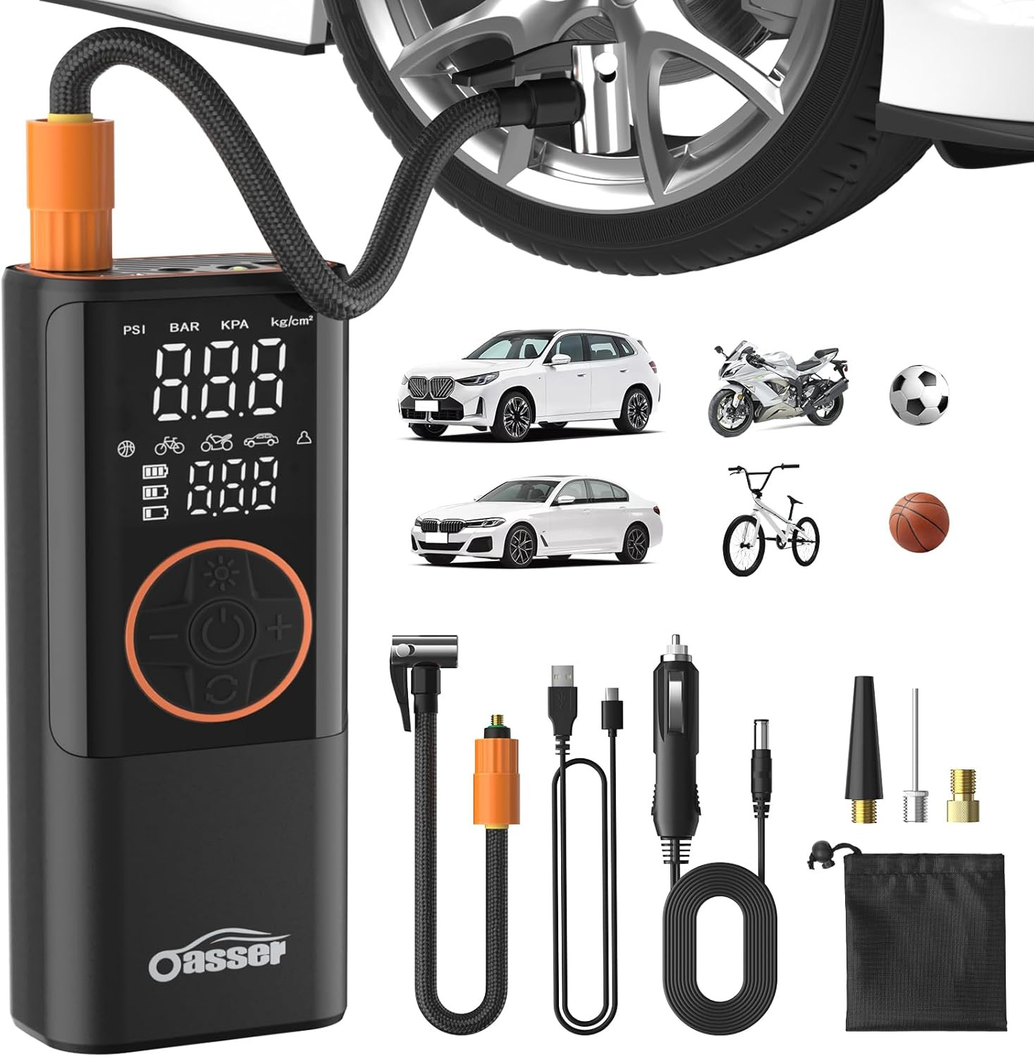Compressore Aria Portatile 150 PSI (10,3Bar), 6000Mah, Schermo LCD Doppio, Gonfi