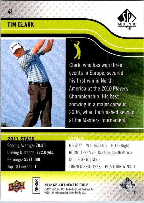 2012 SP Authentic #41 Tim Clark - Image 2 of 2