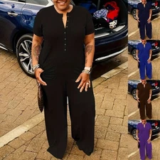 Women Plus Size Short Sleeve Loose Casual One Piece Button Up Wide Leg Jumpsuits