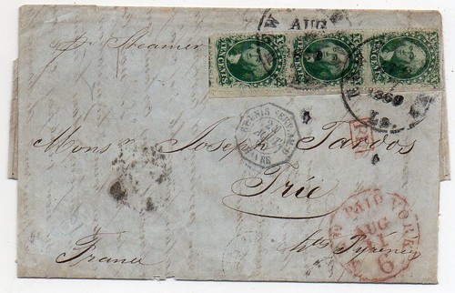 1860 USA TO FRANCE COVER, 10c WASHINGTON SCARCE STRIP, AMBULANT CANCEL WOW