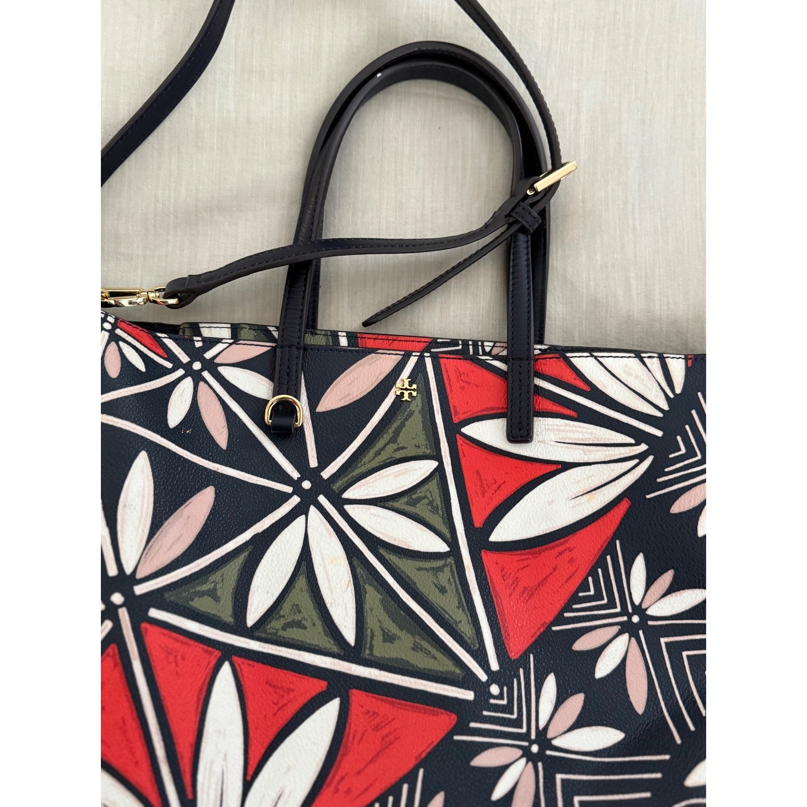 Tory Burch Kerrington Small Square Tote Navy Red Floral Geometric Crossbody Bag thumbnail 3