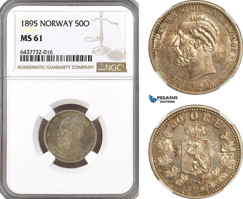 AH95, Norway, Oscar II, 50 Ore 1895, Kongsberg Mint, Silver, NGC MS61
