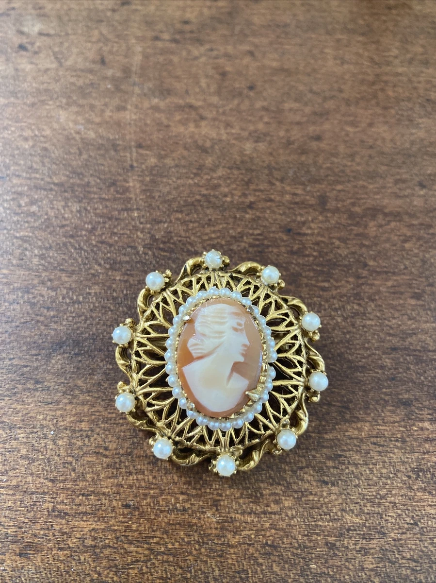 Florenza Cameo Brooch Pin Pendant Hook Carved Shell Gold Tone Faux Pearls VTG