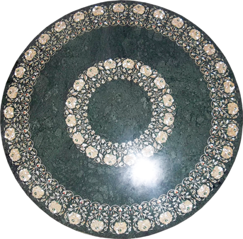 36-Inch Green Marble Coffee Table Top with Inlaid Handicraft Art for Patio or Sofa