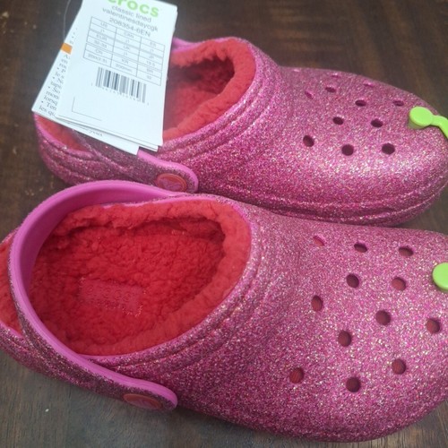Zoccolo CROCS bambino classico foderato rosa glitter San Valentino taglia J1 nuovo con etichette - Foto 5 di 5