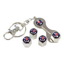 X5 SAAB TYRE VALVE DUST CAPS SPANNER CHROME METAL ANTI-THEFT KEYRING SET