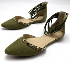 Diba Strappy Ankle Studded Flats Pointed Toe Suede Green Womens Size 6.5