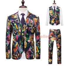 Men's 3pcs Floral Printed Suit Wedding Party Nightclub One Button Blazers Tuxedo