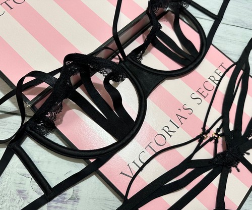 Victoria's Secret Luxe Sheer Cut-Out Strappy Balconet Bra Cheeky Set Black - Picture 2 of 8