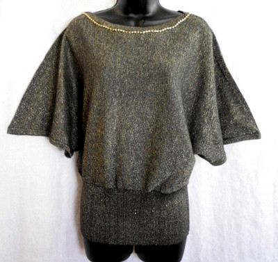 D.F.A. New York Knit Top Size L NWT Multi  Bling Rhinestone Blend Short Sleeve