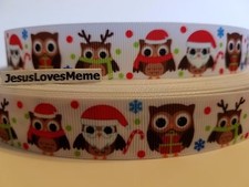 Grosgrain Ribbon Christmas Owls Santa Claus Reindeer Gifts Candy Cane Snow, 7/8"