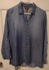 Multiples Light Denim Shirt Small Blouse Front/ Back  Metal Buttons Roll Tab