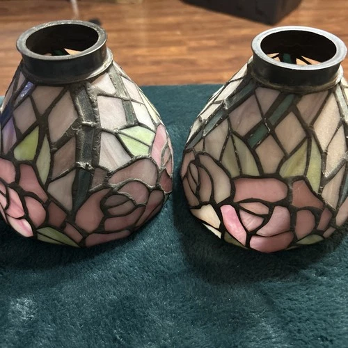 Set of 2 Vintage Tiffany Style Stained Glass Bell Shaped Light Shades Floral