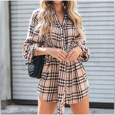 Chic Tan Plaid Shirt Dress