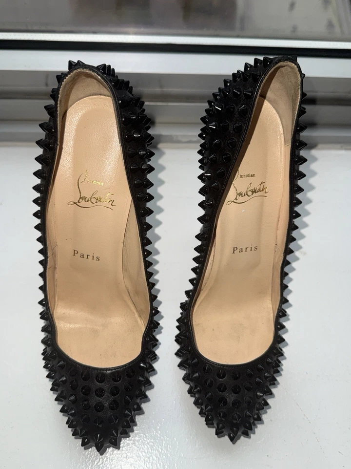 Christian Louboutin Lady Peep Spikes 150 Black Leather Pumps Size 39 - Image 3 of 4