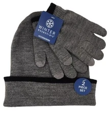 Winter Essentials 2-Piece – Knit Beanie & Gloves Combo, Gray/Black, Super Warm