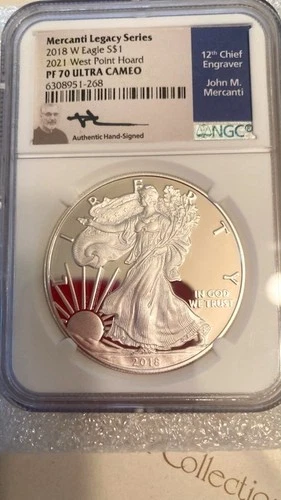 2018 w American Silver Eagle NGC PF70 UC 2021 West Point Hand Signed by Mercanti