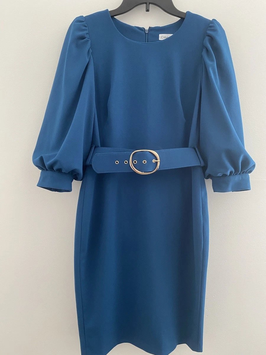 calvin klein blue dress long sleeve Calvin Klein Long-sleeve High-neck Mini Dress