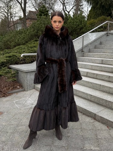 Luxury Full Length Dark Brown Real Mink Long Fur Coat Hood Saga Furs S/M