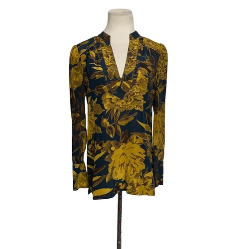 Tunica Tory Burch blu giallo seta floreale maniche lunghe taglia 0