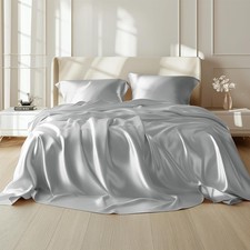 Bedsure Satin Sheets Queen Size Bed Set - Luxury Queen, 01 - Silver Grey