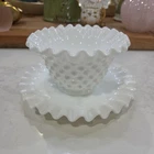 Vintage Fenton Milk Glass Hobnail Vase Dish and Ruffle Plate Flat Bowl