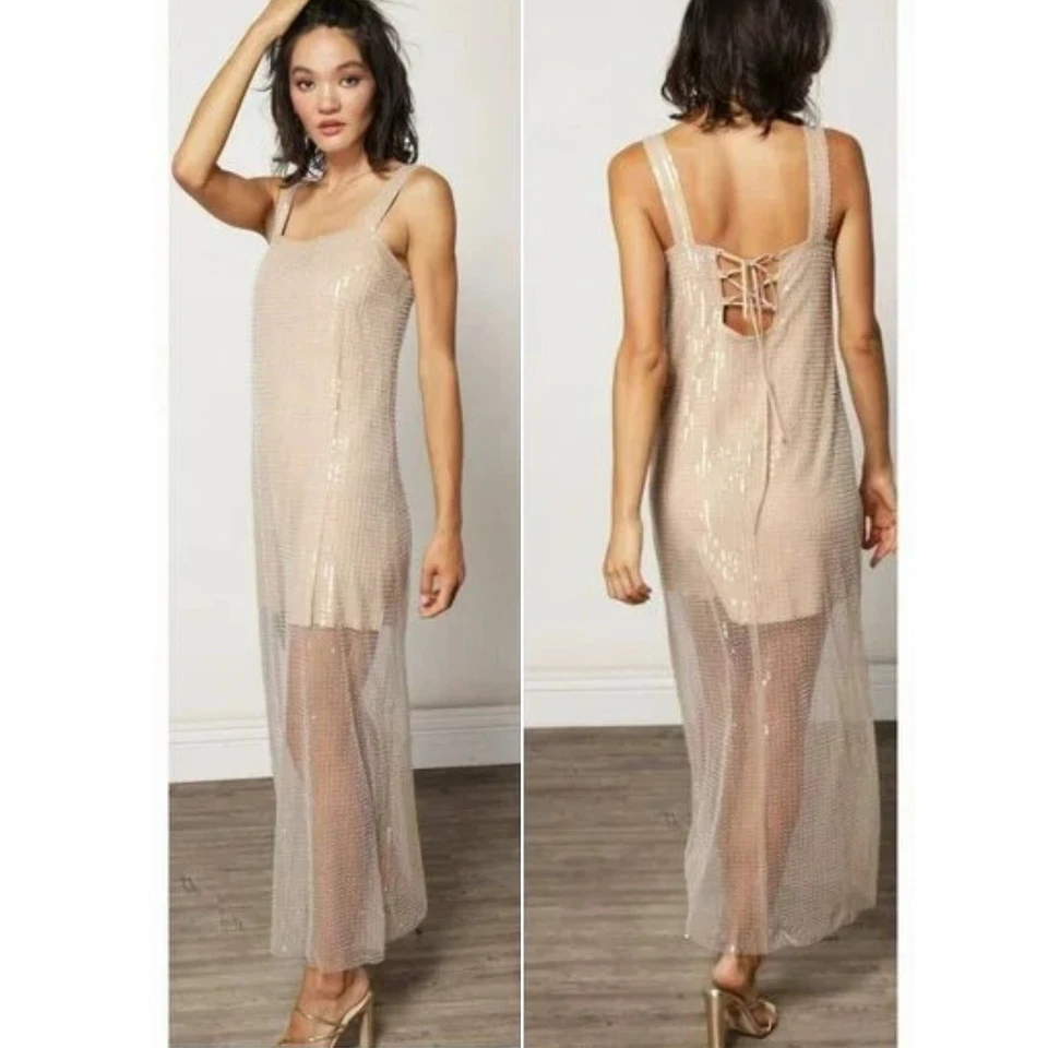 Vestido Feminino Line & Dot Molly Embelezado Tamanho Grande Lantejoulas Champanhe Frisado - Imagem 2 de 4