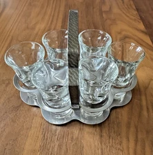 MCM Aluminum Shot Glass Set w/ Etched Handle/Caddy & Faux Wood Pillar Libbey 7pc
