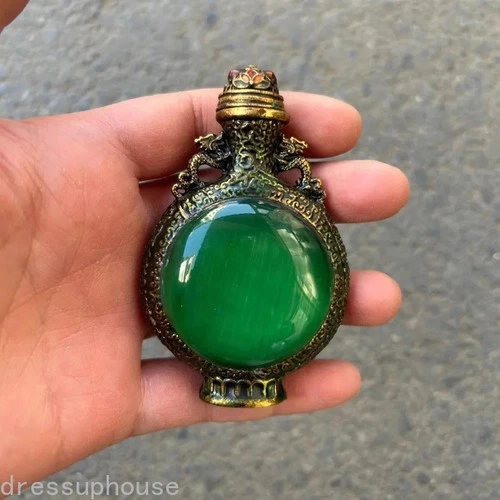 8.1cm Exquisitely Handmade Double-sided Copper Inlaid Emerald Jade Snuff Bottle