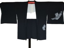 Vintage Black Embroidered Haori Kimono Jacket with Floral  Landscape Design