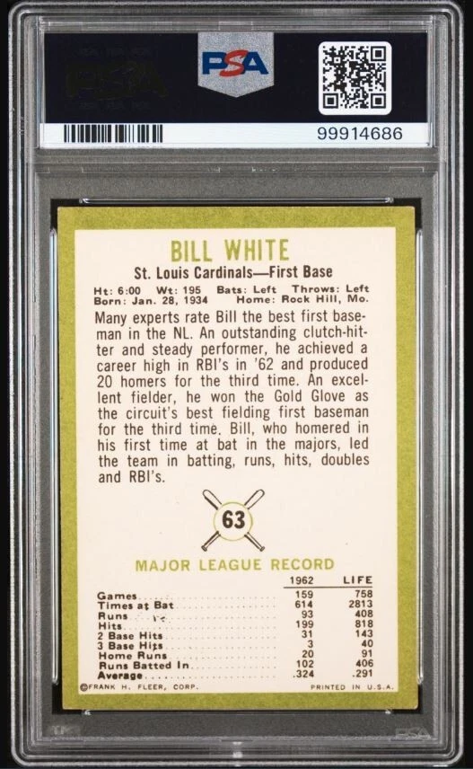 Tarjeta de béisbol 1963 Fleer Bill White firmada #63 PSA 5 certificado ADN 10 auto pop 1 Foto 2 de 3