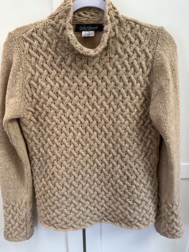 IRELANDS EYE womens M wool / cashmere SWEATER Tan Basketweave Knit Mock Neck