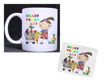 Crazy Vegan Lady - Set mit Untersetzern und Tassen, süß, bezaubernd, vegetarisch, Geschenkset