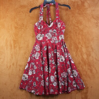 hell bunny halter dress VIXEN Womens Small Red Fit Flare Skull Sundress JASMINE Promotion_MDS25