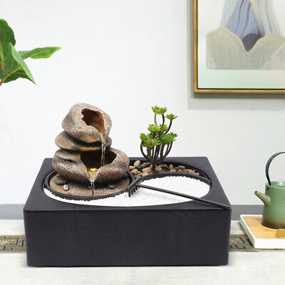 Tabletop Waterfall Fountain Black With Warm LED, Natural Stones, 29 × 21 × 22 cm