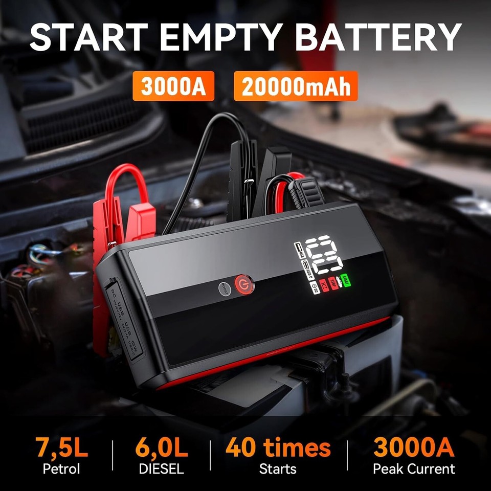 Jump Starter Power Pack, 3000A Peak Current, 20000mAh, 12V Car Battery