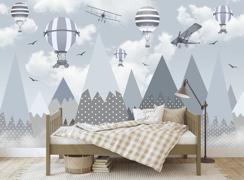 Niños Pared Mural Montañas Aviones Papel pintado Niños Niños Decoración Vivero Globo - Imagen 4 de 8