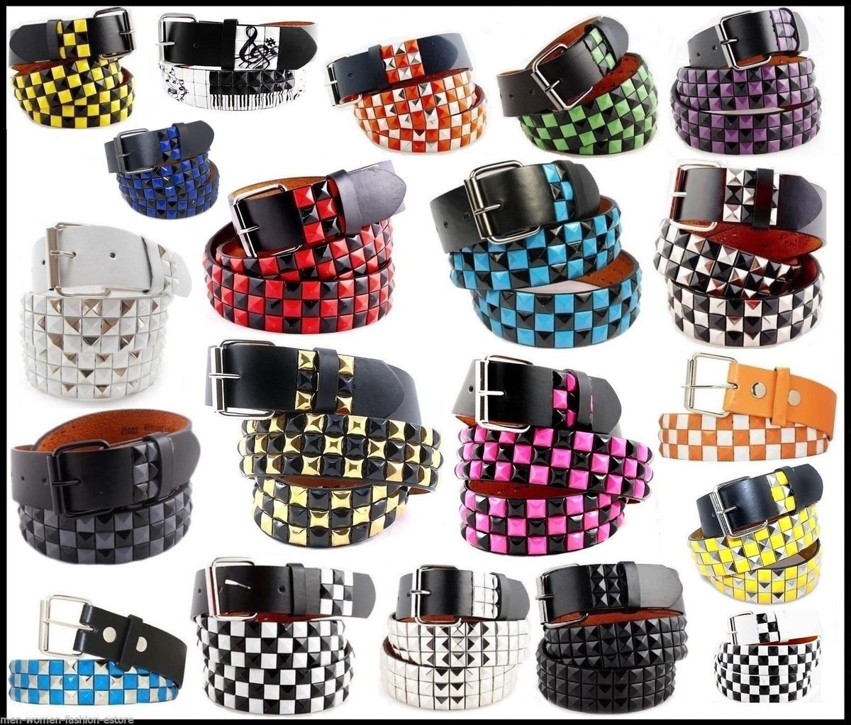 Mens Womens 3-Row Metal Pyramid Studded Leather Belt Checker